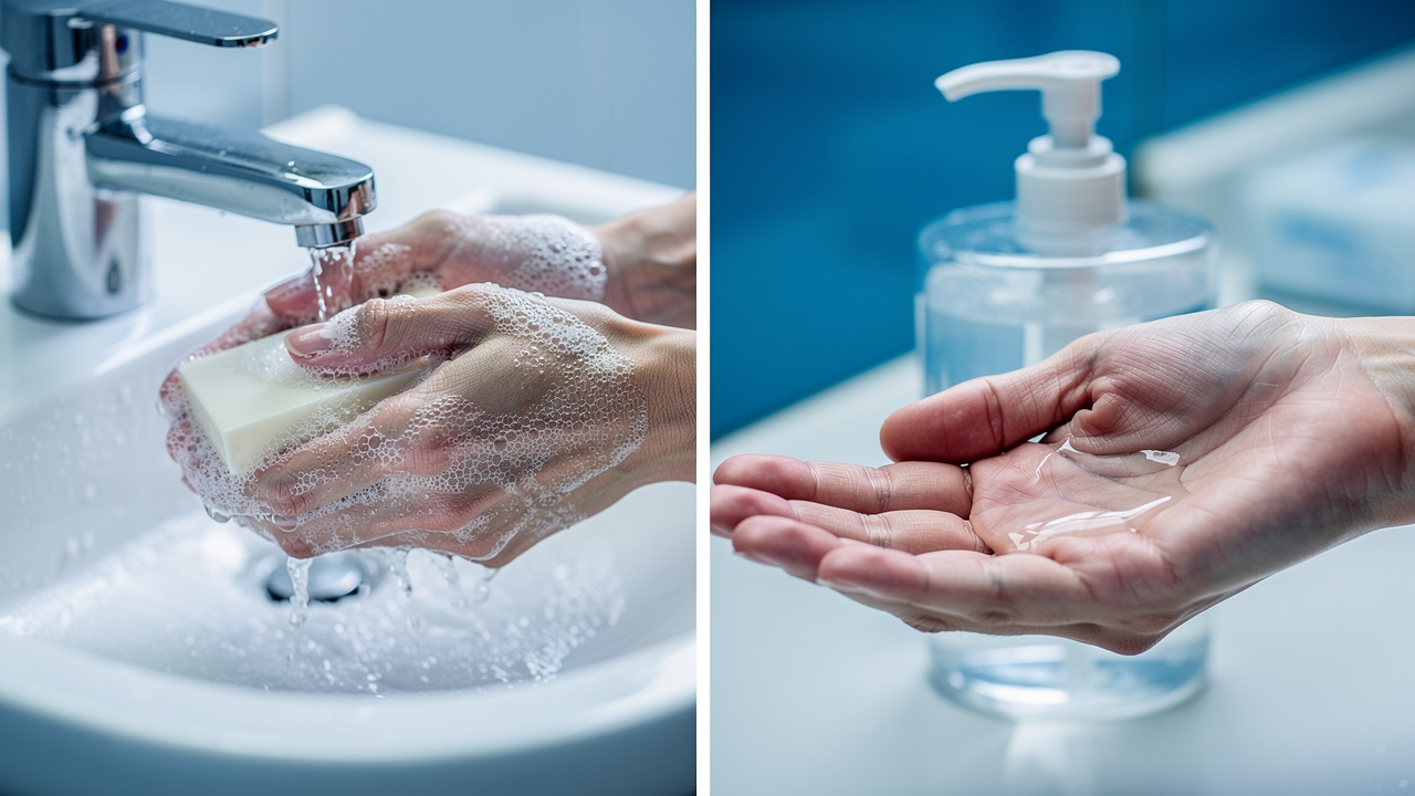 Comparaison visuelle du lavage des mains au savon sous l’eau et de la friction hydroalcoolique dans un établissement de santé, avec mains en action et éclairage clinique.