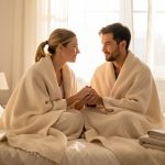 7 facteurs qui influencent le désir sexuel au quotidien Un couple assis sur un lit lumineux dans une chambre apaisante, tenant doucement la main, avec des objets du quotidien bien rangés autour.