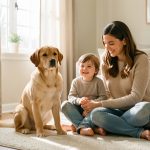 Accueil d’un chien d’assistance : 7 engagements à anticiper Famille à la maison dans un salon lumineux et chaleureux, un jeune chien d’assistance reste tranquillement près d’une femme et d’un enfant, ambiance naturelle et conviviale.