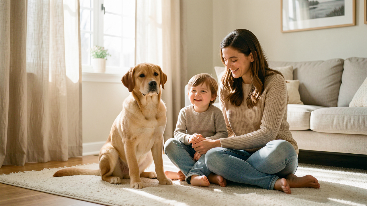 Famille à la maison dans un salon lumineux et chaleureux, un jeune chien d’assistance reste tranquillement près d’une femme et d’un enfant, ambiance naturelle et conviviale.