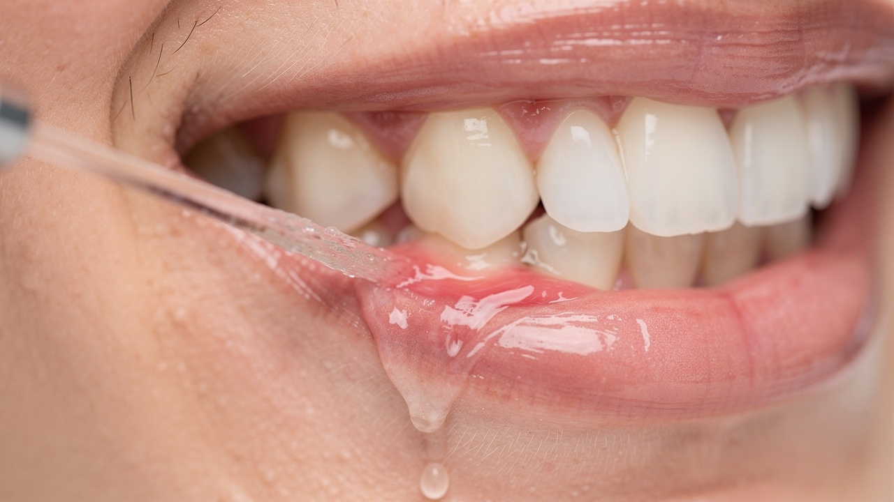 Gros plan sur la bouche d’une femme montrant la gencive sensible, des zones d’inflammation discrètes et un jet dentaire à faible pression dirigé vers les molaires.