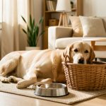 Accueillir un chien à la maison : les repères essentiels avant de s’engager Intérieur chaleureux d’une maison lumineuse avec un chien calme installé près de son panier, des gamelles et un espace de vie baigné de lumière naturelle.