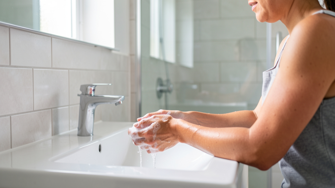 Une femme se nettoyant les mains à l’évier dans une salle de bain moderne, sous une lumière naturelle douce.