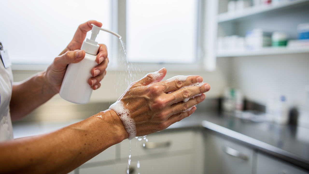Soignant désinfectant ses mains avec une solution hydroalcoolique dans une salle de soins, près d’un distributeur.