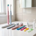 7 équipements d’hygiène bucco-dentaire utiles au quotidien Accessoires d’hygiène bucco-dentaire alignés sur un plan de salle de bain lumineux et propre, avec une lumière naturelle et un rendu réaliste.