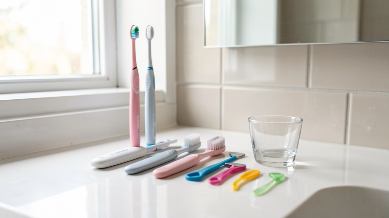 Accessoires d’hygiène bucco-dentaire alignés sur un plan de salle de bain lumineux et propre, avec une lumière naturelle et un rendu réaliste.