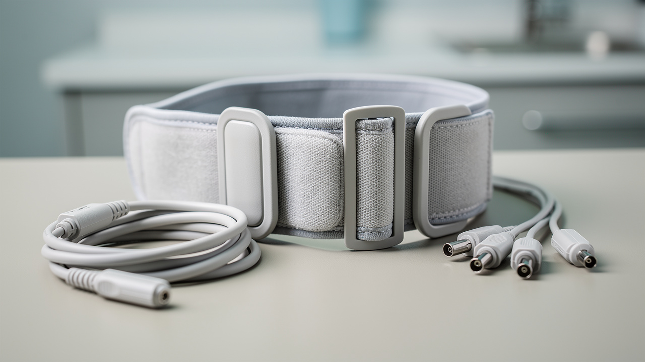 Gros plan réaliste d’une ceinture ECG réglable accompagnée d’un câble patient et de connecteurs médicaux sur une surface neutre de cabinet de soins.