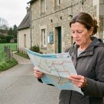 Illustration réaliste d’une femme consultant une carte vierge devant une maison de santé située dans une commune rurale française, avec des maisons en pierre, des champs verdoyants et une ambiance sobre de santé publique.