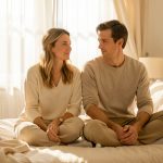 Un couple assis calmement sur un lit dans une chambre lumineuse, baignée par une lumière douce du matin à travers des rideaux fins.