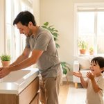 Les gestes d'hygiène essentiels pour limiter les infections au quotidien Une famille pratique des gestes d’hygiène dans une maison lumineuse, avec de la lumière naturelle et une ambiance propre et saine.