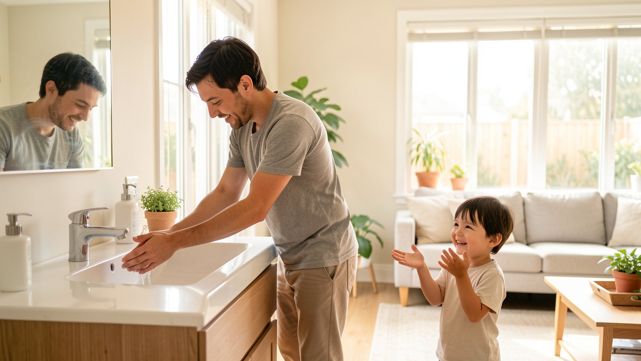 Une famille pratique des gestes d’hygiène dans une maison lumineuse, avec de la lumière naturelle et une ambiance propre et saine.