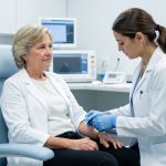 Une femme adulte assise dans un laboratoire médical pendant qu’une infirmière prépare un prélèvement sanguin dans une ambiance clinique sobre et rassurante.