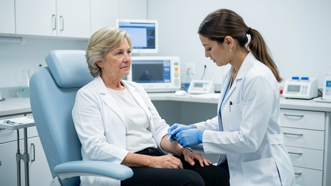 Une femme adulte assise dans un laboratoire médical pendant qu’une infirmière prépare un prélèvement sanguin dans une ambiance clinique sobre et rassurante.