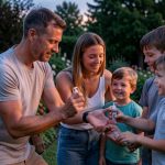 Une famille européenne composée d’un homme, d’une femme et de deux enfants applique un répulsif anti-moustiques sur ses avant-bras dans un jardin au crépuscule avant une sortie estivale.