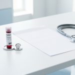 Prélèvement sanguin et feuille de compte-rendu médical vierge posés sur un bureau de consultation lumineux, accompagnés d’un stéthoscope discret.