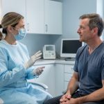 Illustration médicale sobre d’une professionnelle de santé protégée échangeant calmement avec un voyageur fébrile dans une salle de consultation propre et lumineuse.