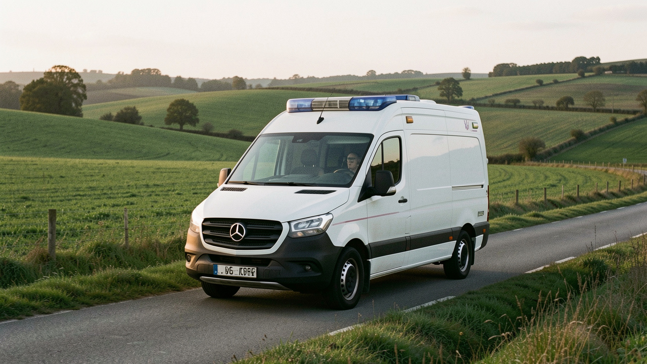 Ambulance blanche roulant sur une route rurale du Gers près d’Eauze, au milieu d’un paysage vallonné baigné d’une lumière naturelle réaliste.