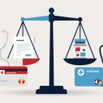 Illustration éditoriale sobre représentant une balance entre les systèmes de soins français et américain, entourée de factures médicales vierges, de cartes d’assurance génériques et de symboles médicaux.