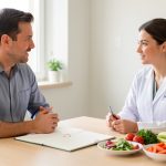 Un homme échange avec une diététicienne dans un cabinet lumineux, devant un carnet alimentaire vierge et des aliments simples disposés sur un bureau.