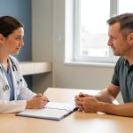 Une oncologue et un patient échangent calmement lors d’une consultation dans un cabinet d’hôpital français moderne, avec un dossier médical fermé sur le bureau et une lumière naturelle apaisante.