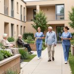 Résidence médicalisée moderne en France, où des femmes et des hommes âgés profitent d’un jardin accessible avec l’accompagnement de soignantes et de soignants, dans une ambiance sobre et rassurante.