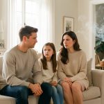 Une famille composée d’un homme, d’une femme et d’une jeune fille se trouve dans un salon lumineux tandis qu’une légère fumée de cigarette se diffuse depuis une pièce voisine.