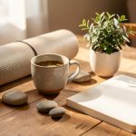 Composition apaisante avec une tasse de tisane, un tapis de yoga, une plante, des pierres lisses et un carnet vierge sur une table baignée de lumière.
