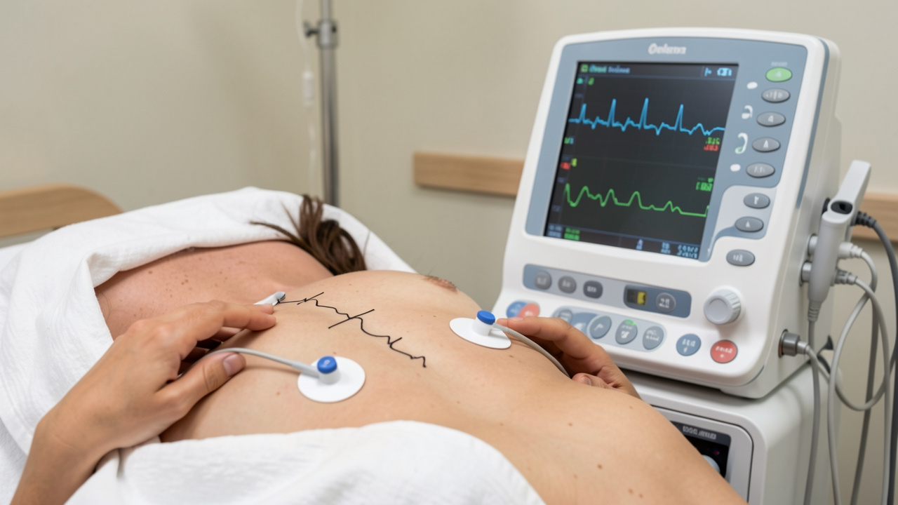 Appareil d’électrocardiogramme enregistrant un tracé cardiaque net grâce à des électrodes correctement positionnées sur la poitrine d’une femme dans une salle médicale.