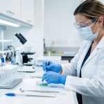 Technicienne de laboratoire portant une blouse blanche et des gants, préparant soigneusement des échantillons biologiques sur une paillasse stérile avec du matériel médical organisé.