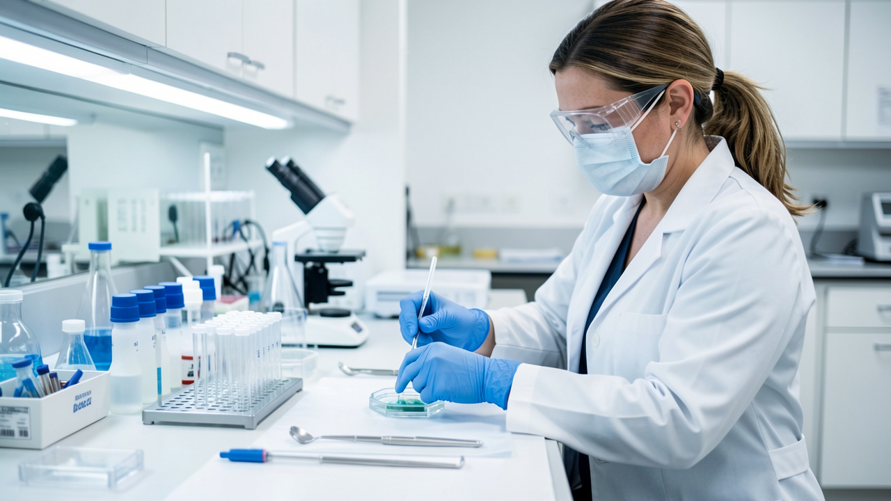 Technicienne de laboratoire portant une blouse blanche et des gants, préparant soigneusement des échantillons biologiques sur une paillasse stérile avec du matériel médical organisé.