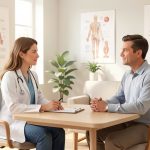Illustration médicale sobre d’une médecin échangeant avec un patient adulte dans un cabinet d’addictologie à l’ambiance rassurante, sans médicament identifiable.