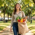 Jeune femme marchant dans un parc urbain avec un sac réutilisable rempli de fruits, de légumes et d’aliments complets, sous une lumière naturelle douce.