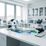 Laboratoire d’analyse moderne et ordonné, avec des instruments scientifiques soigneusement disposés sur une paillasse blanche et propre, éclairé par une lumière naturelle douce, sans personnes.