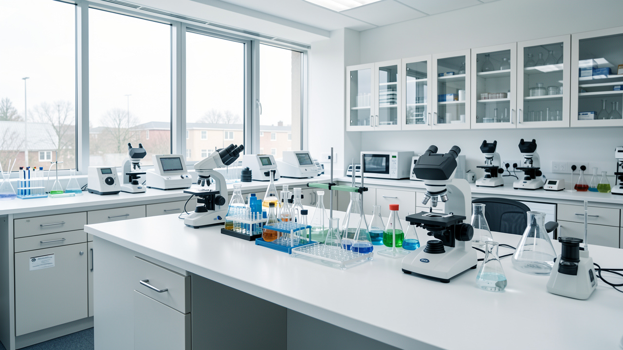 Laboratoire d’analyse moderne et ordonné, avec des instruments scientifiques soigneusement disposés sur une paillasse blanche et propre, éclairé par une lumière naturelle douce, sans personnes.