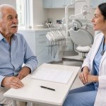 Un homme âgé échange calmement avec une femme chirurgienne-dentiste dans un cabinet dentaire lumineux et rassurant, avec un document vierge posé sur le bureau.