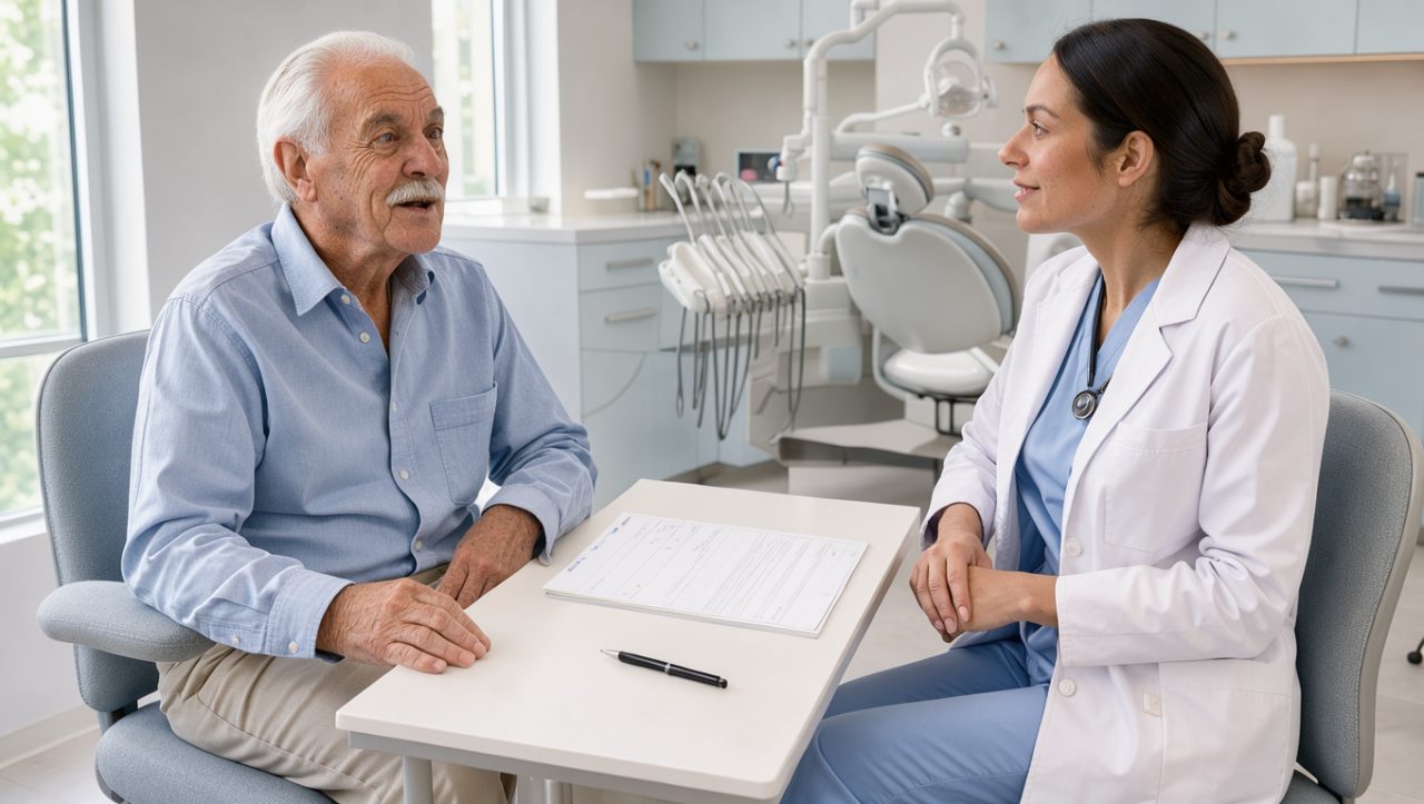 Un homme âgé échange calmement avec une femme chirurgienne-dentiste dans un cabinet dentaire lumineux et rassurant, avec un document vierge posé sur le bureau.