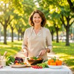 Une femme prépare un repas riche en légumes avant de partir marcher dans un parc arboré, dans une ambiance lumineuse et réaliste de prévention santé.