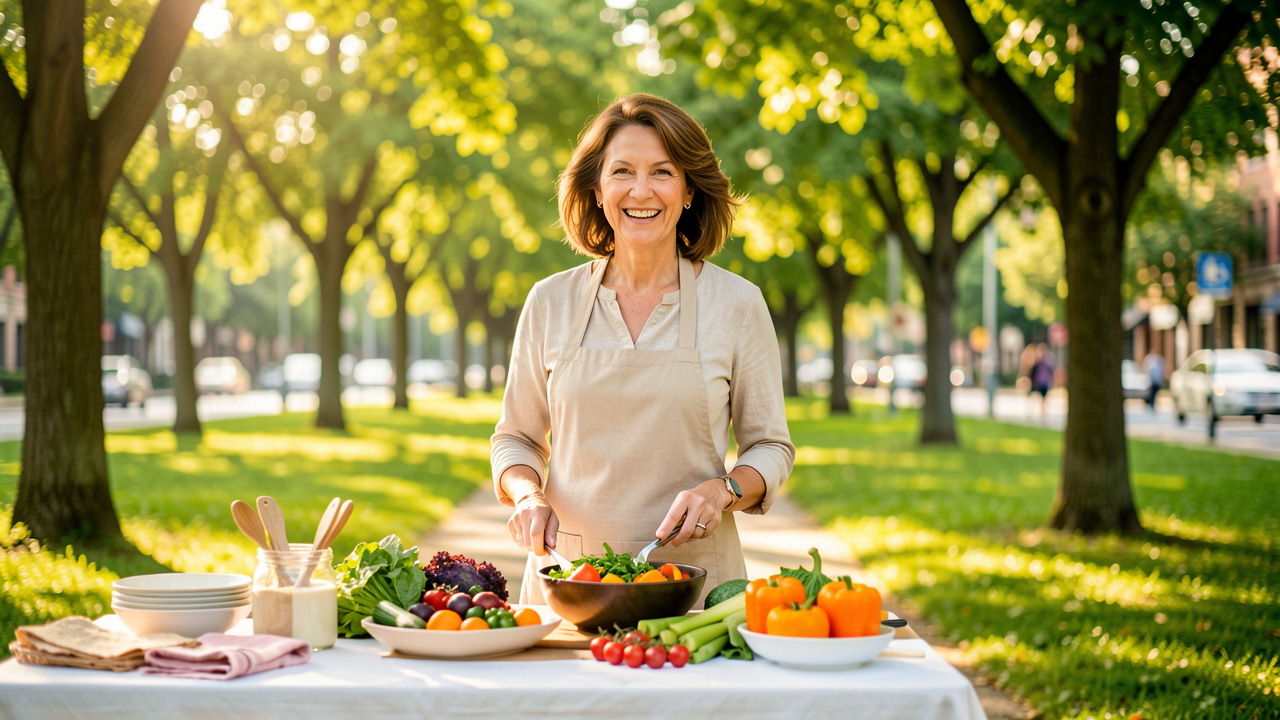Une femme prépare un repas riche en légumes avant de partir marcher dans un parc arboré, dans une ambiance lumineuse et réaliste de prévention santé.