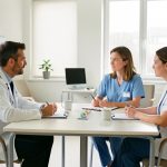 Un médecin, une infirmière et une psychologue échangent calmement autour d’une table dans une salle lumineuse d’un hôpital français.